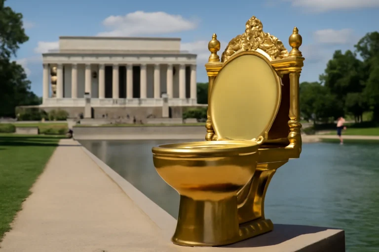 Privada de ouro exposta em forma de trono no National Mall transforma-se em símbolo contra Trump e critica reforma do banheiro Lincoln