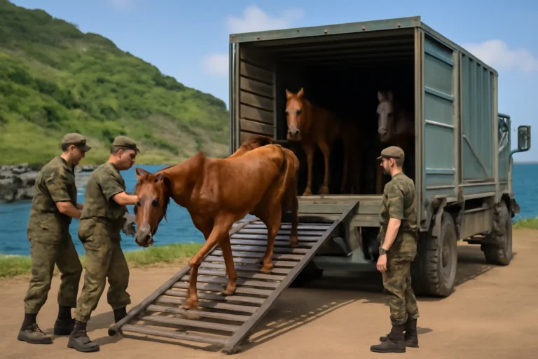 Exército apoia retirada de cavalos de Fernando de Noronha, levando animais abandonados e vítimas de maus-tratos ao continente com caminhão adaptado