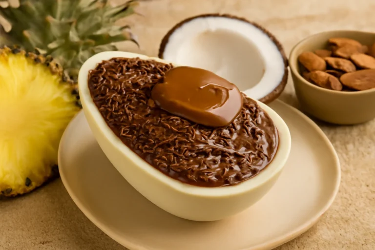Ovo na travessa de chocolate branco, abacaxi, coco e amêndoas, receita de Páscoa com creme tipo brigadeiro, cobertura e dicas da confeiteira Isabela Ferrasini