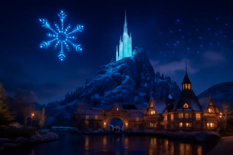 Mundo de Frozen na Disney Paris: área imersiva com castelo de gelo no topo da montanha de 36 metros, passeio Frozen Ever After e shows com 380 drones