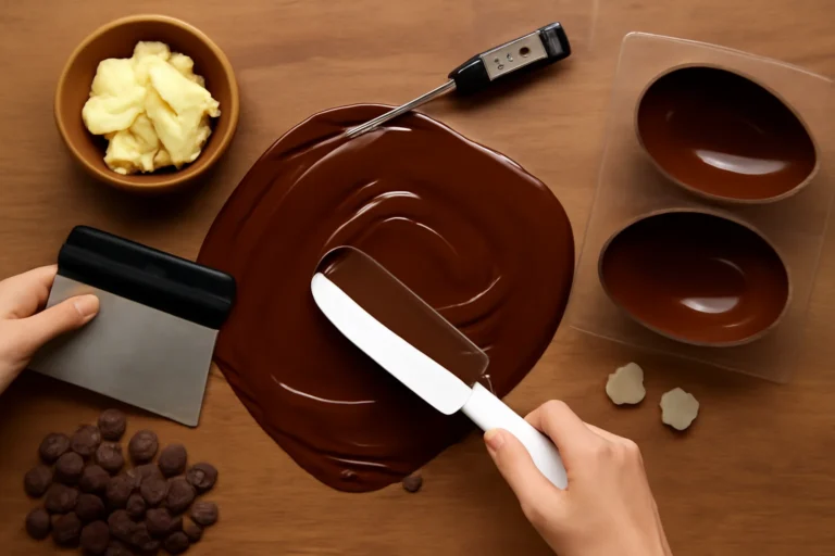 Temperagem de chocolate: passo a passo para ovos de Páscoa brilhantes, firmes e crocantes, controlando manteiga de cacau, cristais e temperaturas para a Forma V ideal