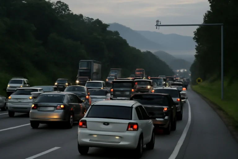 Trânsito Mogi-Bertioga: lentidão na manhã de Sexta-feira Santa em trechos rumo ao litoral, concessionária monitora tráfego e prevê aumento durante o feriado
