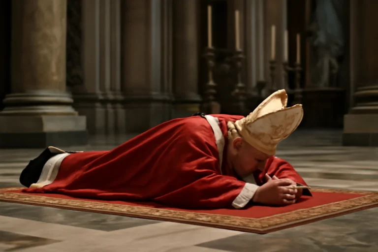 Papa Leão XIV reza deitado no chão na Basílica de São Pedro antes da encenação da Paixão de Cristo, gesto de humildade e adoração na Sexta-Feira Santa