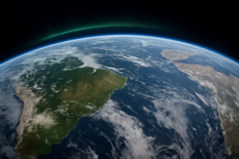 Brasil aparece em imagem da Terra da missão Artemis II, nuvens cobrem parte do país e mostram Atlântico, África, Península Ibérica e auroras polares