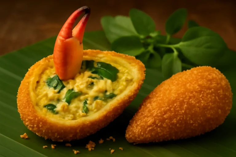 Ovo salgado amazônico para Páscoa, casquinha crocante inspirada na ‘unha de caranguejo’ com recheio de caranguejo, jambu e creme de tucupi regional