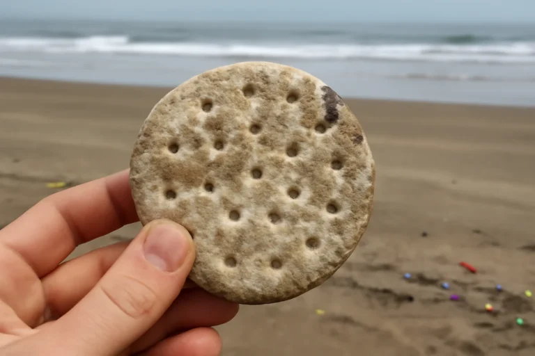 Biscoito das Filipinas encontrado intacto em praia de Peruíbe, SP, comido por monitor ambiental, revela fluxo de lixo marinho e alerta para conservação