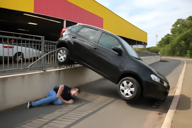 Carro cai de estacionamento de supermercado em Jaguariúna e fere uma pessoa na calçada, motorista perde controle e veículo despenca após bater na grade