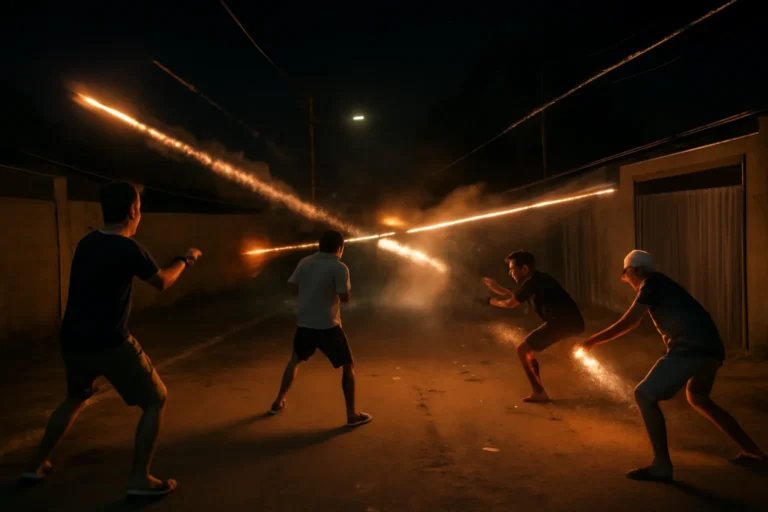 Vídeo mostra adolescentes em perigosa guerra de foguetes em Goiânia, jovens atirando foguetes um no outro no Jardim Balneário Meia Ponte