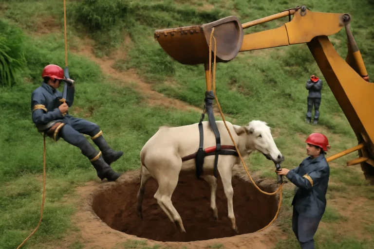 Resgate de vaca em cisterna em Caratinga, bombeiros usam retroescavadeira e rapel para içar animal que caiu após tampa ceder em buraco de cerca de três metros