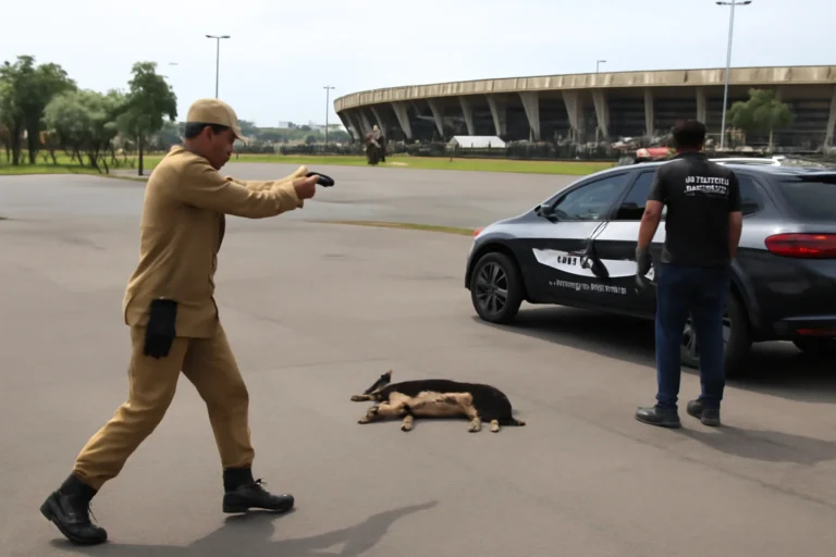 Bombeiro atira e mata cachorro em estacionamento do Estádio Serra Dourada, em Goiânia, vídeo mostra animal caído e Polícia Civil abre investigação, militar registrou ocorrência