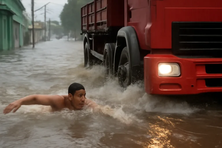 Homem nada em rua alagada e quase é atropelado por caminhão em João Pessoa após fortes chuvas