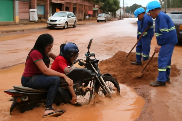 Mulher e criança caem de moto em poça de lama em avenida de Imperatriz e prefeitura atua para resolver problema