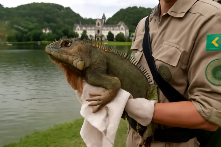Iguana é Resgatada no Lago do Quitandinha em Petrópolis e Encaminhada Para Proteção Ambiental